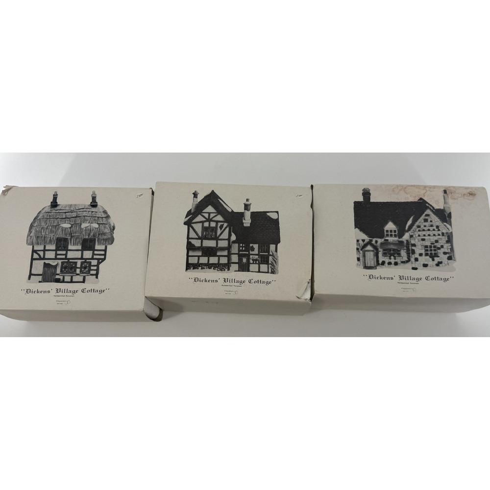 Dept 56 Dickens Village 3 Cottage Lot Tudor Stone Thatched 6518-8 Retired
